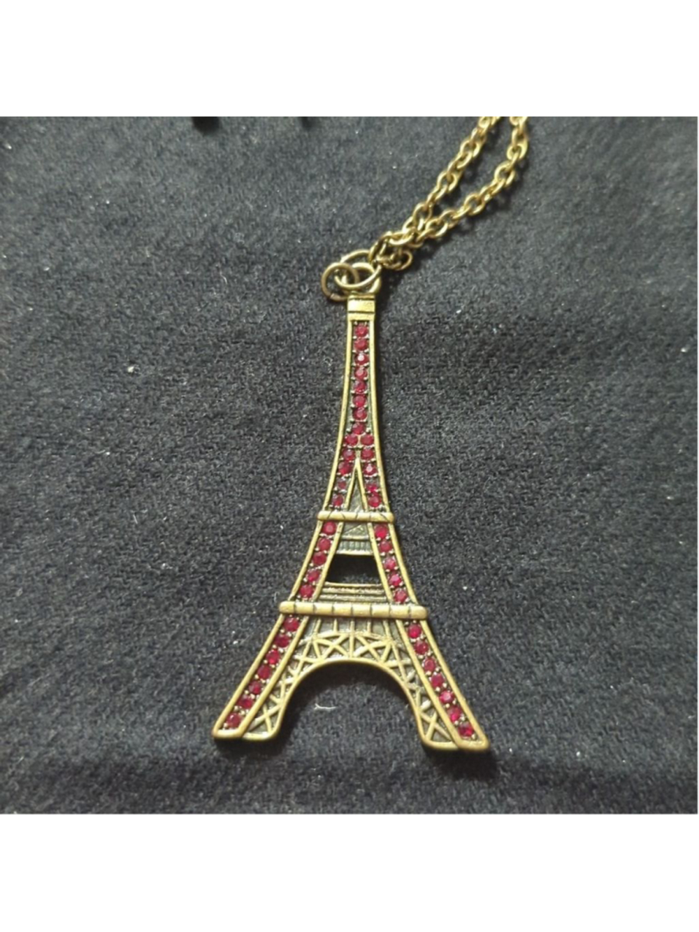 Brass Tone Red Rhinestone Paris Eiffel Tower Pendant Statement Necklace